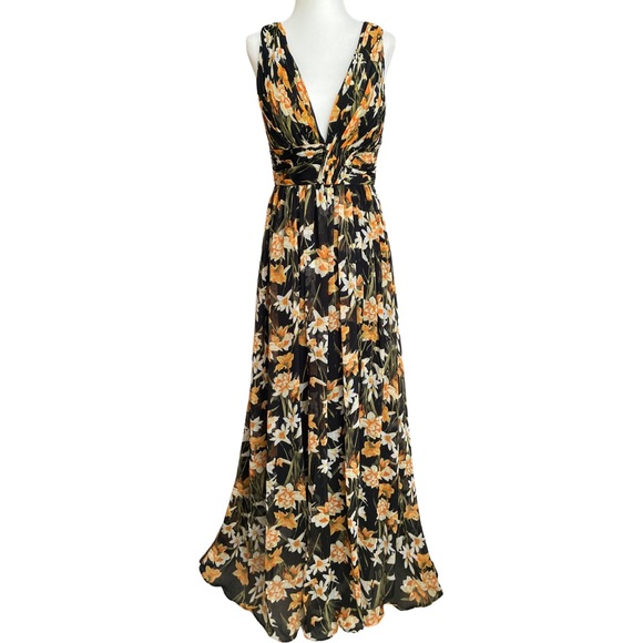 Aidan Mattox Black Floral Printed Sleeveless Slit Maxi Dress Size 4 - Picture 3 of 16
